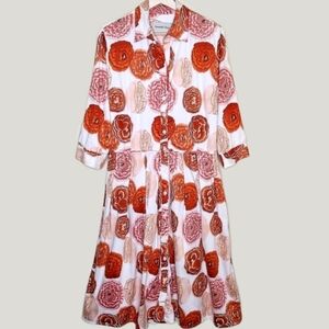 SAMANTHA SUNG Rare Poppy Printed Audrey Midi Shirt Dress in Orange/Pink  Size 8